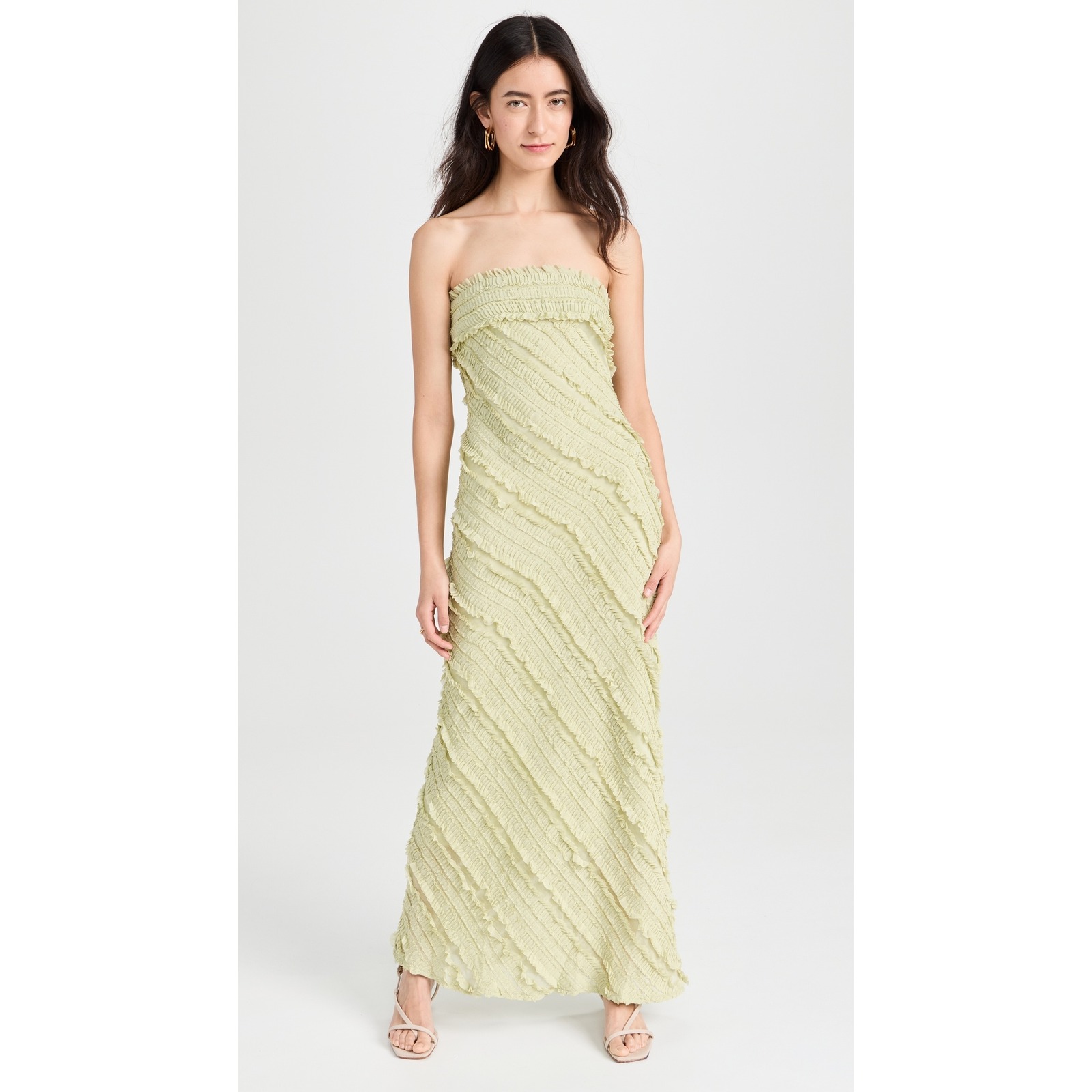 Endless Rose Sage Green Textured Ruffle Strapless Maxi Dress Size Large